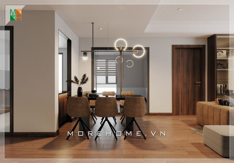 Mẫu thiết kế bàn ăn kèm 6 ghế chân sắt kết hợp đệm ngồi bọc nỉ màu nâu hiện đại cho chung cư, nhà phố, biệt thự