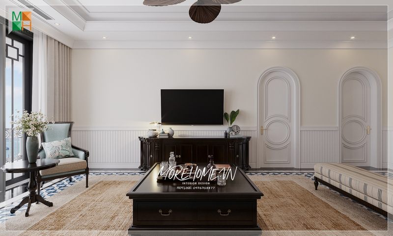 Bàn trang trí phòng khách biệt thự với kiểu dáng thiết kế sang trọng góp phần tô điểm thêm giá trị thẩm mỹ cho không gian sống của căn phòng.