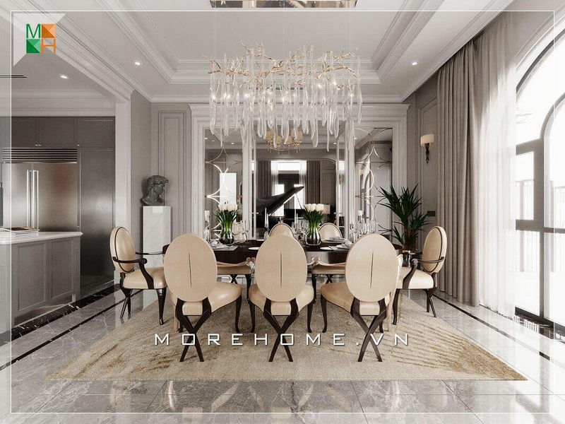 Ấn tượng mẫu bàn ăn 8 ghế bọc da chân gỗ óc chó cao cấp mang phong cách tân cổ điển rất phù hợp với không gian phòng ăn biệt thự cao cấp.