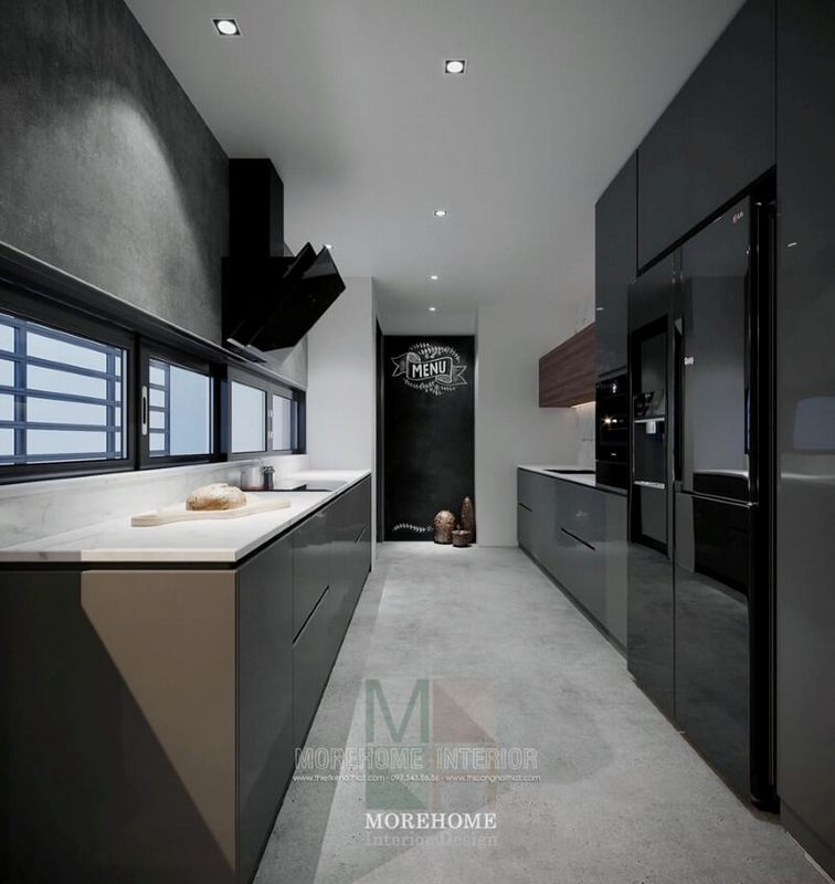 Không gian bếp trong căn hộ hiện đại được thêm màu nâu đỏ của hệ tủ bếp, giúp tạo ra một cảm giác ấm áp và hài hòa.