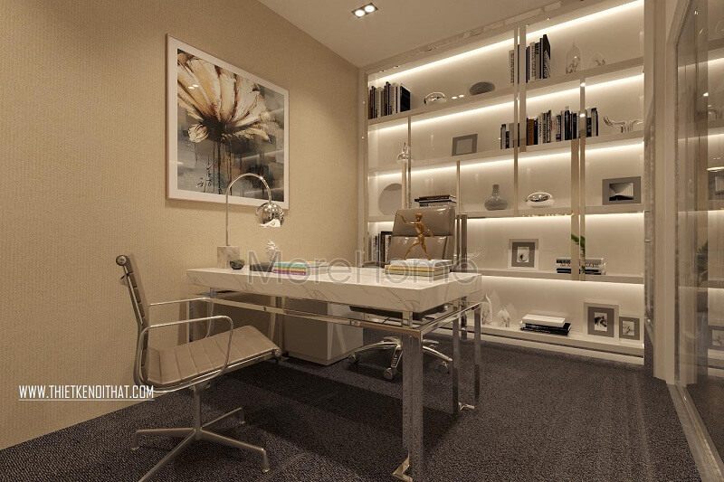 Sử dụng kệ âm tường với chất liệu nhôm kính cao cấp để thiết kế văn phòng giám đốc hiện đại, giúp tăng khả năng lưu trữ đồ decor trang trí mảng tường và tạo cảm giác không gian rộng hơn so với thực tế.
