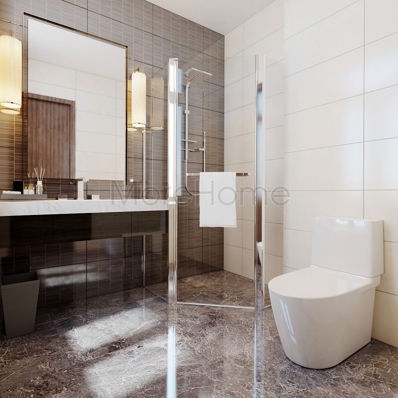 Khách sạn 5 sao được thiết kế với phòng tắm hiện đại bằng gạch lát nền màu nâu sang trọng và vách tắm kính cao cấp.